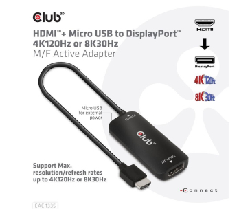 Club3D Adaptér HDMI + Micro USB na DisplayPort 4K120Hz/8K30Hz, Active Adapter M/F