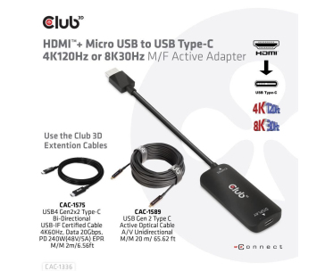 Club3D Adaptér HDMI + Micro USB na USB-C 4K120Hz/8K30Hz, Active Adapter M/F