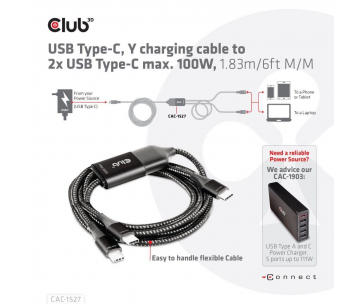 Club3D nabíjecí kabel USB Type-C, Y charging cable to 2x USB Type-C max. 100W, 1.83m/6ft M/M
