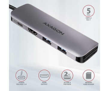 AXAGON HMC-5, USB 3.2 Gen 1 hub, porty 2x USB-A, HDMI, SD/microSD slot, PD 100W, kabel USB-C 20cm