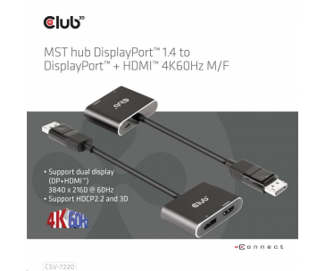 Club3D hub MST (Multi Stream Transport) DisplayPort 1.4 na DisplayPort + HDMI 4K60Hz (M/F)