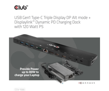 BAZAR - Club3D Dokovací stanice USB-C, Triple Display DP Alt mode Displaylink Dynamic PD Charging Dock with 120 Watt PS