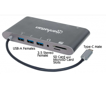 MANHATTAN Dokovací stanice USB-C na HDMI, Mini DP, VGA, 3xUSB 3.0, USB-C PD port, RJ 45, Card Reader, 3,5 mm