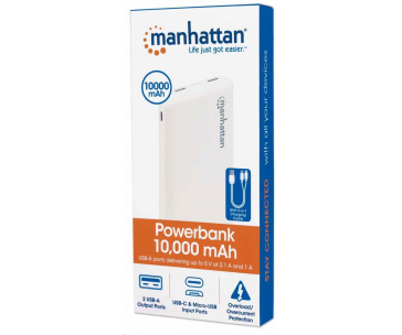 Manhattan powerbanka, 10.000 mAh, Two USB-A Output Ports (2.1 A and 1 A), bílá