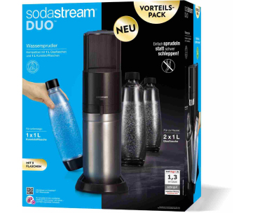 SodaStream Duo Titan Promo-Pack výrobník sody, 2 skleněné láhve, 1 plastová láhev, bombička s CO2, černý