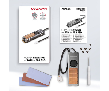 AXAGON CLR-M2FAN, měděný chladič s ventilátorem pro jedno i oboustranný M.2 SSD disk, výška 13 mm