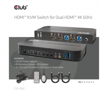Club3D síťový přepínač - Switch, HDMI KVM Switch - Dual HDMI 4K 60Hz
