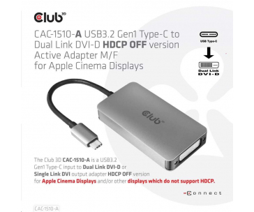 Club3D Adaptér aktivní USB 3.2 typ C na DVI-D Dual Link 4K30Hz pro Apple Cinema Display, HDCP off
