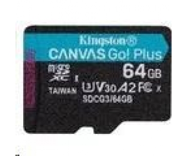 Kingston MicroSDXC karta 64GB Canvas Go! Plus, R:170/W:70MB/s, Class 10, UHS-I, U3, V30, A2