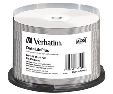 VERBATIM DVD-R(50-Pack)/Spindle/16X/4.7GB/DataLife Plus Wide Thermal Professional  No ID Brand