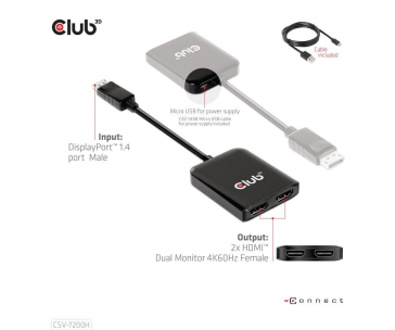 Club3D hub MST (Multi Stream Transport) DisplayPort 1.4 na 2xHDMI Dual Monitor 4K60Hz (M/F)