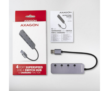 AXAGON HUE-MSA, 4x USB 3.2 Gen 1 SWITCH hub, kovový, micro USB nap. konektor, kabel USB-A 20cm