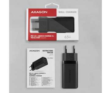AXAGON ACU-DPQ65, GaN nabíječka do sítě 65W, 3x port (USB-A + dual USB-C), PD3.0/QC4+/PPS/Apple, černá