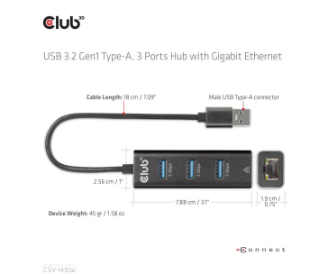 Club3D Rozbočovač, USB-A 3.2 Gen1 na 3x USB 3.1, Gigabit Ethernet