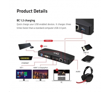 Club3D Dokovací stanice USB 3.2 Gen1 UHD 4K s certifikací DisplayLink®, 1xHDMI, 1xDP, 1xDVI-D