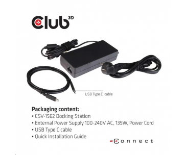 Club3D Dokovací stanice USB 3.2 typ C (5xUSB/USB-C/3xHDMI/2xDP/Ethernet/Audio) s Universal Triple 4K napájecím adaptérem