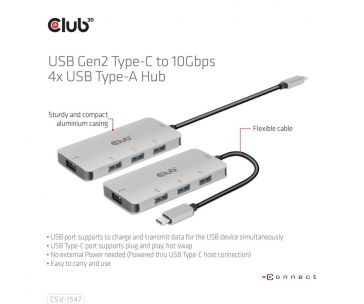 Club3D hub USB-C Gen2 na 10Gbps 4x USB Type-A Hub