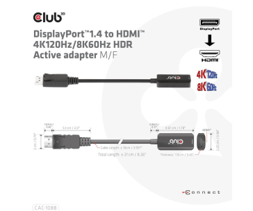 Club3D Adaptér aktivní DisplayPort 1.4 na HDMI 4K120Hz/8K60Hz HDR (M/F), černá