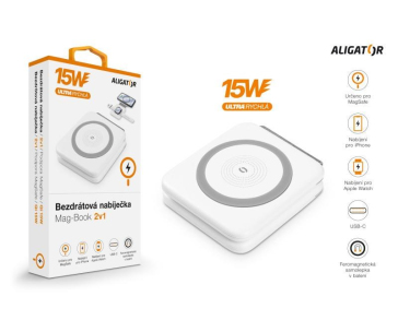 ALIGATOR bezdrátová nabíječka Mag-Book 2v1, určeno pro MagSafe a nabíjení Apple Watch, 15W, bílá