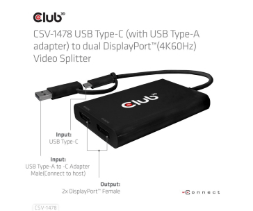 Club3D Video hub MST USB-C (USB-A adaptér) na 2xDP 4K60Hz Video splitter