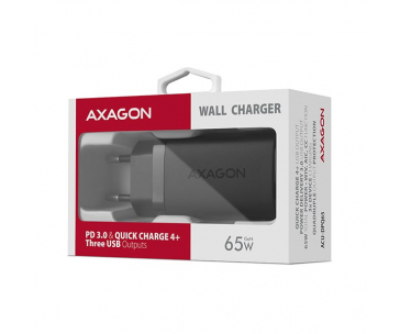 AXAGON ACU-DPQ65, GaN nabíječka do sítě 65W, 3x port (USB-A + dual USB-C), PD3.0/QC4+/PPS/Apple, černá