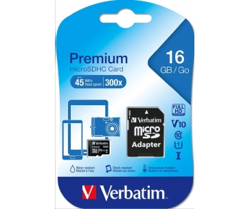 VERBATIM MicroSDHC karta 16GB Premium, U1 + SD adaptér