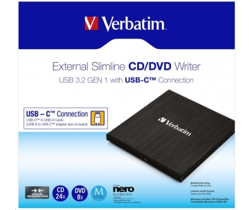 VERBATIM externí mechanika DVD-RW Rewriter USB-C, černá + NERO