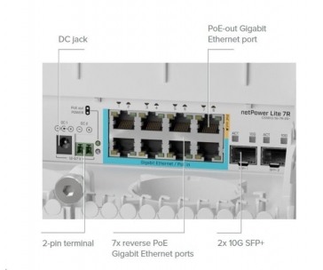 MikroTik CSS610-1Gi-7R-2S+OUT reverzní PoE switch, 8x Gigabit, 2x SFP+, 1x PoE out, 7x PoE in, 56Gbps