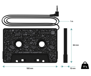 CONNECT IT AUX kazetový adaptér, 3,5 mm jack, černá
