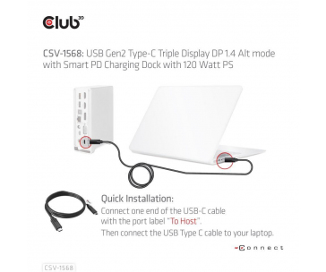 Club3D Dokovací stanice USB-C, Triple Display DP 1.4 Alt mode Displaylink Dynamic PD Charging Dock with 120 Watt PS