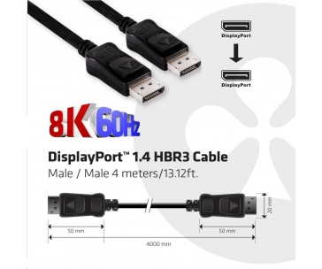 Club3D Kabel certifikovaný DisplayPort 1.4 HBR3, 8K60Hz (M/M), černé koncovky, 4m, 24 AWG