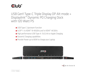 BAZAR - Club3D Dokovací stanice USB-C, Triple Display DP Alt mode Displaylink Dynamic PD Charging Dock with 120 Watt PS