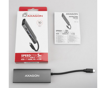 AXAGON HMC-5G2, USB 3.2 Gen 2 10 Gb/s hub, porty 2x USB-A, 2x USB-C, HDMI, PD 60W, kabel USB-C 13cm