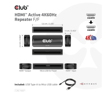 Club3D Adaptér aktivní HDMI 4K60Hz (F/F), černá