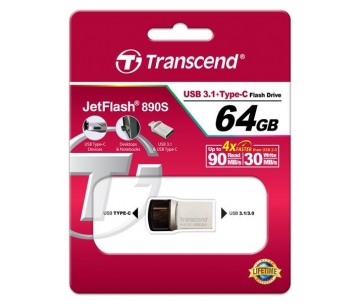 TRANSCEND Flash Disk 64GB JetFlash®890S OTG, USB 3.1 Type-C/A (R:90/W:30 MB/s) stříbrná