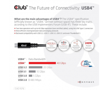 Club3D kabel USB4 Gen3x2 Typ-C, Oboustranný USB-IF Certifikovaný data kabel, Data 40Gbps, PD 240W(48V/5A) EPR M/M 1m