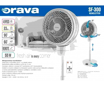 Orava SF-300 stojanový extra tichý ventilátor, oscilace, 55 W, dálkové ovládání, 4 rychlosti, 55 dB, průměr 23 cm