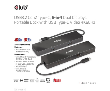 Club 3D dokovací stanice USB-C 3.2 Gen1 6in1 Hub 1x USB-C Video 4K60Hz, 1x HDMI 4K60Hz, 2x USB-A, USB-C PD 100W, RJ45