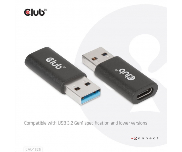 Club3D adaptér USB 3.2 Gen1 Type A na USB 3.2 Gen1 Type C (M/F), černá