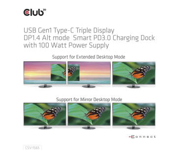 Club3D Dokovací stanice USB-C, Triple Display DP 1.4 Alt mode Smart PD3.0 Charging Dock with 100 Watt PS