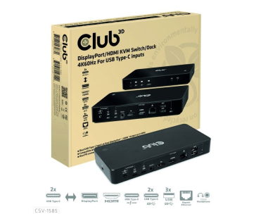 Club3D Dokovací stanice DisplayPort / HDMI KVM Switch, USB-C, PD