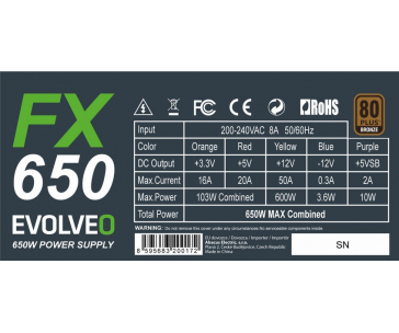 EVOLVEO FX 650 , zdroj 650W ATX, 14cm, tichý, 80+ bronze, bulk