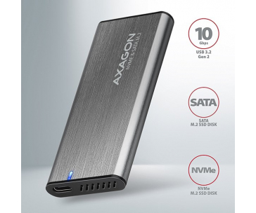 AXAGON EEM2-SG2, USB-C 3.2 Gen 2 - M.2 NVMe & SATA SSD kovový RAW box, bezšroubkový, stříbrný