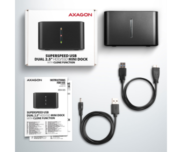 AXAGON ADSA-D25, USB 3.2 Gen 1 - 2x SATA 6G 2.5" SSD/HDD CLONE MINI dokovací stanice