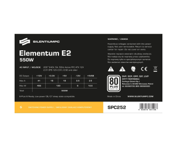 SilentiumPC zdroj 550W / Elementum E2 / 120mm fan / Akt. PFC / 80PLUS EU