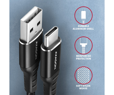 AXAGON BUCM-AM20AB, HQ kabel USB-C <-> USB-A, 2m, USB 2.0, 3A, ALU, oplet, černý