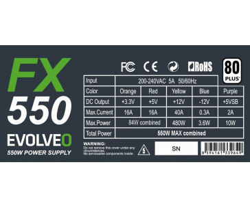 EVOLVEO FX 550 , zdroj 550W ATX, 14cm, tichý, 80+, bulk