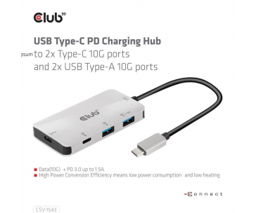 Club3D hub USB-C Gen2 PD na 2x USB-C 10G porty a 2x USB-A 10G porty