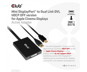Club3D adaptér Mini DP na Dual Link DVI, HDCP OFF version for Apple Cinema Displays Active Adapter