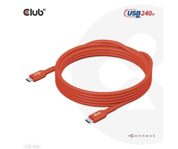 Club3D kabel USB-C, Oboustranný USB-IF Certifikovaný data kabel, PD 240W(48V/5A) EPR M/M 4m